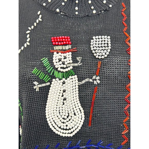 Christmas Tunic Sweater Victoria Jones Vintage 90’s M/L Black Beaded Pearls Mock - Picture 4 of 17